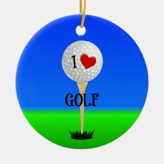 Ik hou van golf, golfbal op tee keramisch ornament (Voorkant)
