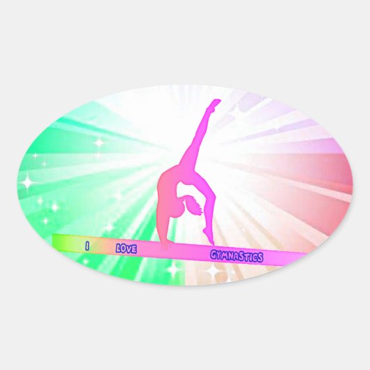 "Ik hou van GYMNASTICS GLOSSY OVAL STICKERS. Ovale Sticker (Voorkant)