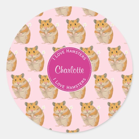 Ik hou van Hamsters Pink Hamster Pattern Ronde Sticker (Voorkant)
