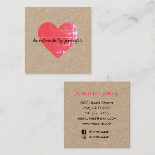 Ik hou van hart handgemaakt op naam met sociale me vierkante visitekaartje (Voorkant / Achterkant)