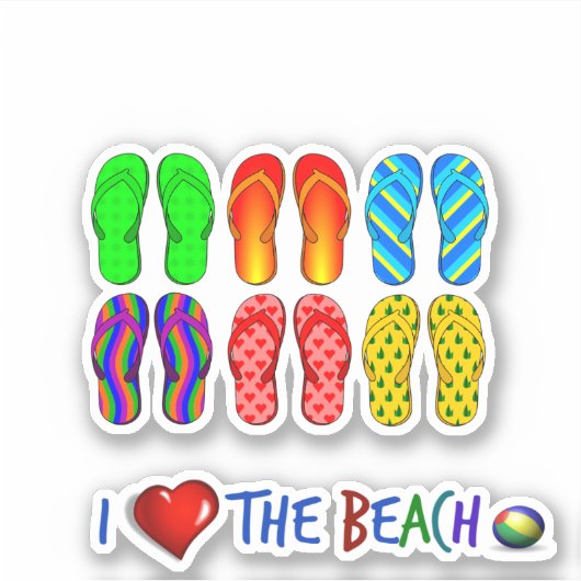 Ik hou van het strand, kleurrijke teenslippers sticker (Voorkant)