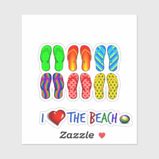 Ik hou van het strand, kleurrijke teenslippers sticker (Vel)