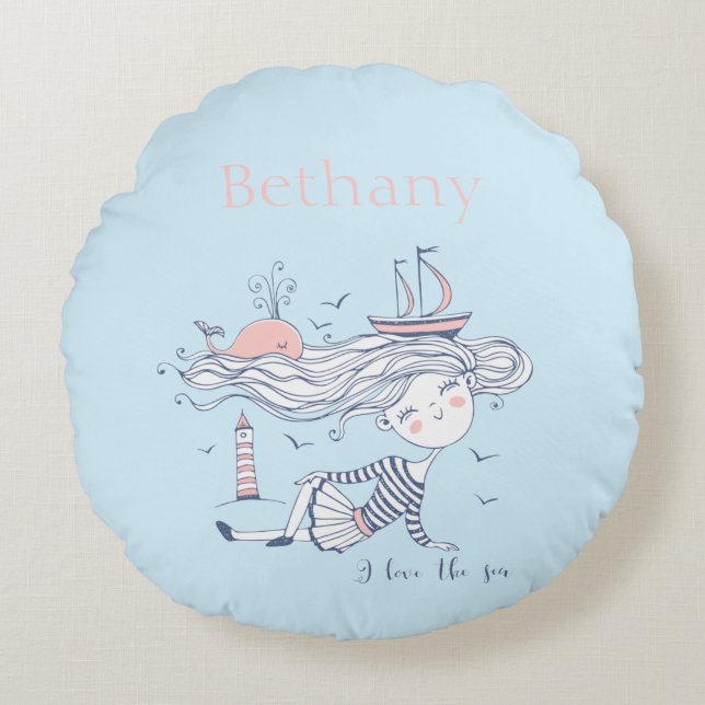 Ik hou van het Zee Whimsical Nautical Personalized Rond Kussen (Voorkant)