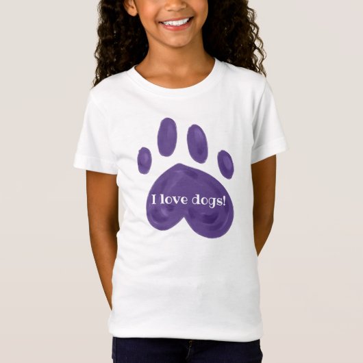 "Ik hou van honden!" Paarse Paw-afdrukken T-shirt (Voorkant)
