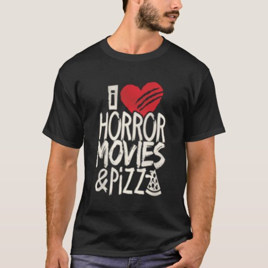 Ik hou van horrorfilms en pizzafilms t-shirt (Voorkant)