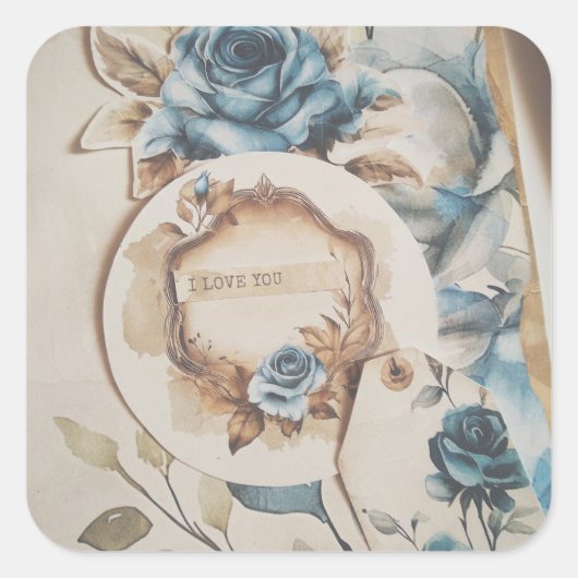 Ik hou van je  Bloemrijke Dusty Blue Flowers Vierkante Sticker (Voorkant)