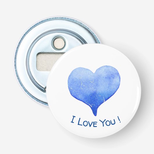 Ik hou van je Cute Blue Heart Valentijn Button Flesopener (Voorkant)