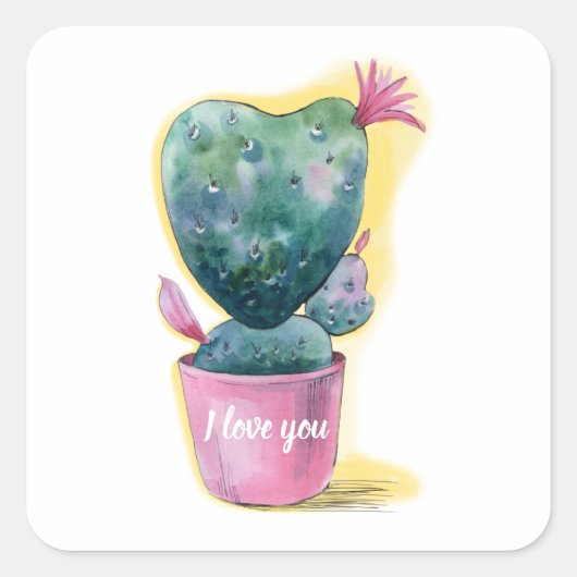Ik hou van je Cute cactus hart bloemen Vierkante Sticker (Voorkant)