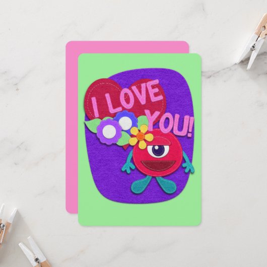 Ik hou van je! Echt waar. Felt Kijk Heart Flowers Kaart (Voorkant / Achterkant in situ)