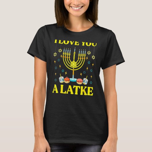 Ik hou van je, een Latke joodse pun Hanukkah Chanu T-shirt (Voorkant)