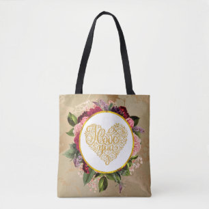 Ik hou van je Fancy Golden  hart met Florals Tote Bag