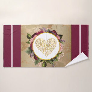 Ik hou van je Fancy Golden Heart met Floral Lijst Bad Handdoek