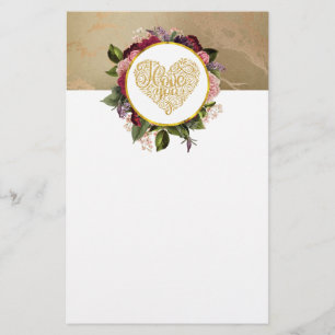 Ik hou van je Fancy Golden Heart met Floral Lijst Briefpapier