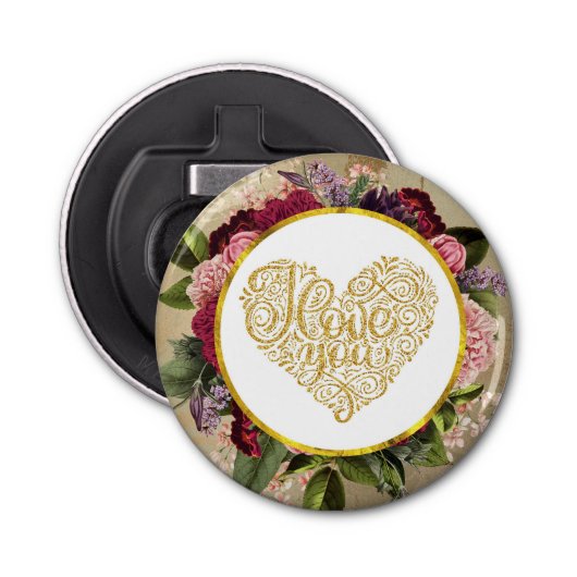 Ik hou van je Fancy Golden Heart met Floral Lijst Button Flesopener (Voorkant)