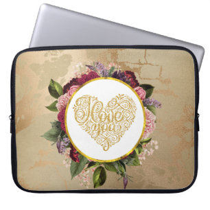 Ik hou van je Fancy Golden Heart met Floral Lijst Laptop Sleeve