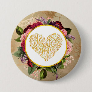 Ik hou van je Fancy Golden Heart met Floral Lijst Ronde Button 7,6 Cm