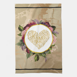 Ik hou van je Fancy Golden Heart met Floral Lijst Theedoek