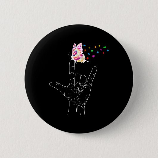 Ik hou van je handgebarentaal Butterfly Autism Awa Ronde Button 5,7 Cm (Voorkant)