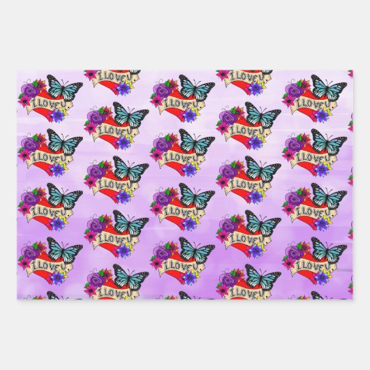 Ik hou van je | Hoorten, Rozen en botervliegen Inpakpapier Vel (Voorkant 3)