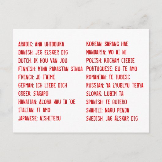 Ik hou van je in 20 verschillende talen briefkaart (Voorkant)