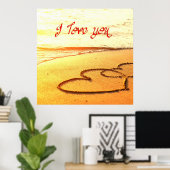 Ik hou van je, in hart geschreven op het zand op h poster (Thuiskantoor)