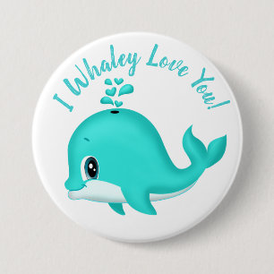 Ik hou van je! Kawaii Cartoon Blauwgroen walvis Ronde Button 7,6 Cm