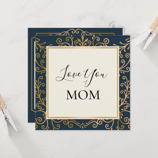 Ik hou van je mama Elegant Navy en Gold Scroll. Kaart (Voorkant / Achterkant in situ)