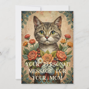Ik hou van je mama - Moederdag kat met bloemen Feestdagenkaart