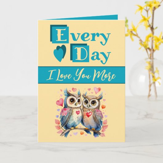 Ik hou van je meer uilen turquoise gele Valentijn Kaart (Gele Bloem)
