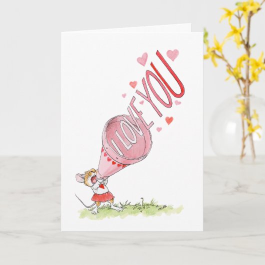"Ik hou van je!" Megafonmuis kaart (Gele Bloem)