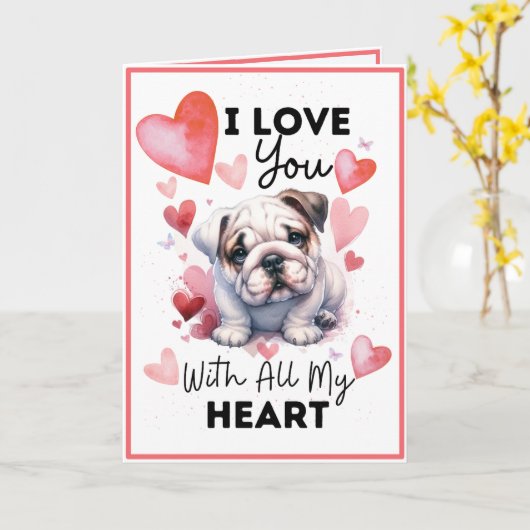 Ik hou van je met al mijn hart bulldog en harten kaart (Gele Bloem)