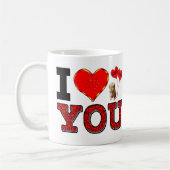 Ik hou van je met puppy's, hugs en kussens. koffiemok (Links)