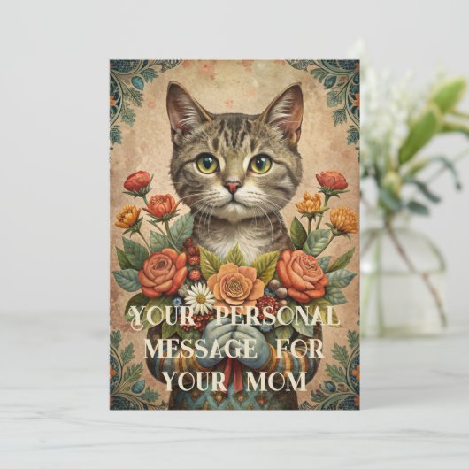 Ik hou van je moeder - moederdag kat met bloemen feestdagenkaart (Staand voorkant)