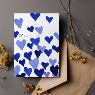 Ik hou van je moeder Waterverf Blue Hearts Moederd Kaart