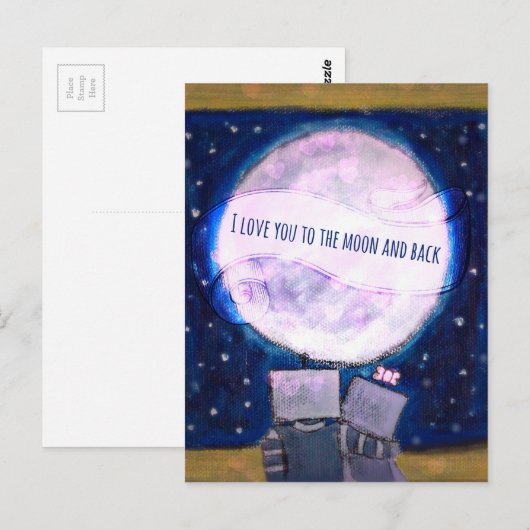 Ik hou van je naar de maan en achterrobots briefkaart (Voorkant / Achterkant)