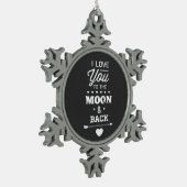 Ik hou van je naar de maan en terug tin sneeuwvlok ornament (Links)