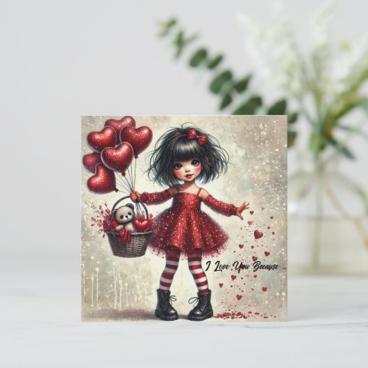 Ik hou van je omdat kleine meisje rode glitter har feestdagenkaart (Staand voorkant)