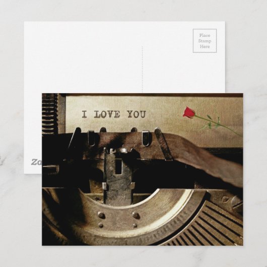 Ik hou van je, oude schrijfmachine rode rozenrozen briefkaart (Voorkant / Achterkant)