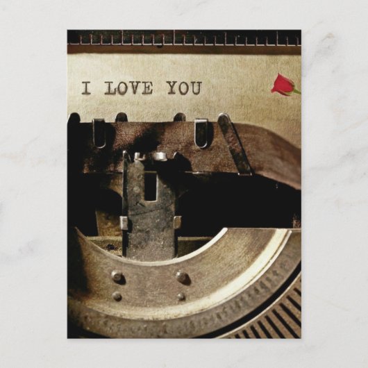 Ik hou van je, oude schrijfmachine rode rozenrozen briefkaart (Voorkant)