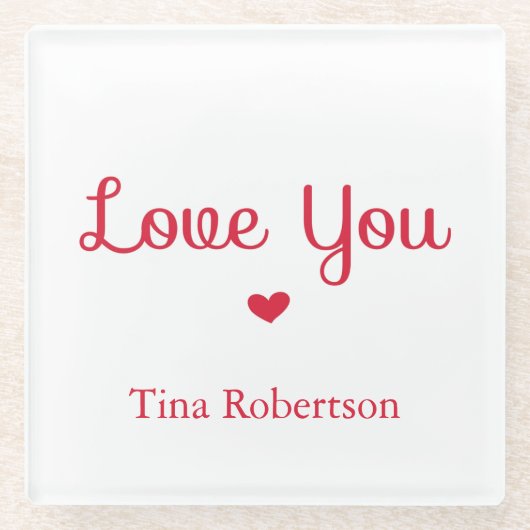 Ik hou van je rode hart gepersonaliseerd wit glazen onderzetter (Voorkant)