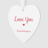 Ik hou van je rode hart gepersonaliseerd wit ornament (voorkant)