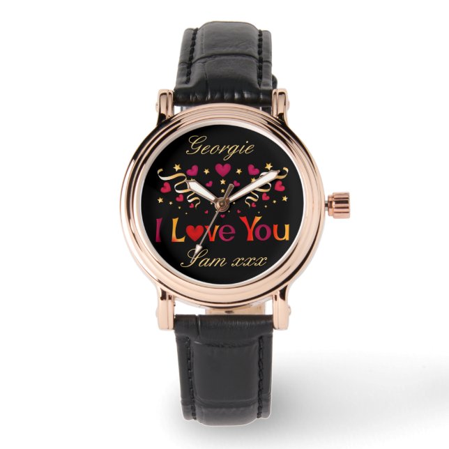 Ik hou van je Rode Heart Gold Ribbon Black Valenti Horloge (Voorkant)