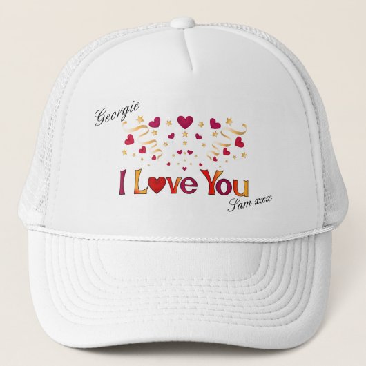 Ik hou van je Rode Heart Gold Ribbon Valentijn Trucker Pet (Voorkant)