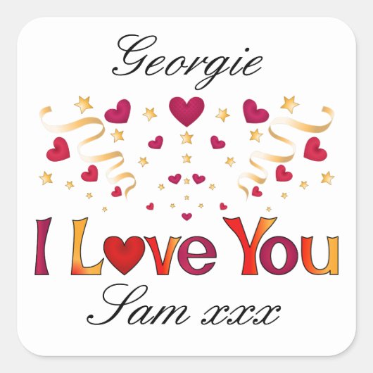 Ik hou van je Rode Heart Gold Ribbon  Valentijn Vierkante Sticker (Voorkant)