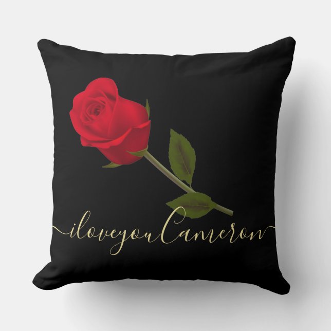 Ik hou van je Rode Rose op Black en Gold Monograme Kussen (Voorkant)