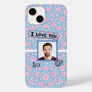 Ik hou van je roze blauwe vlinderhartpatroon Case-Mate iPhone 14 hoesje