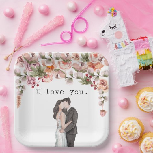 Ik hou van je trouwpartij waterverf florale elegan papieren bordje (Feest)