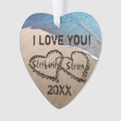 Ik hou van je! Twee harten in zand Ornament (voorkant)