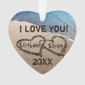 Ik hou van je! Twee harten in zand Ornament (voorkant)