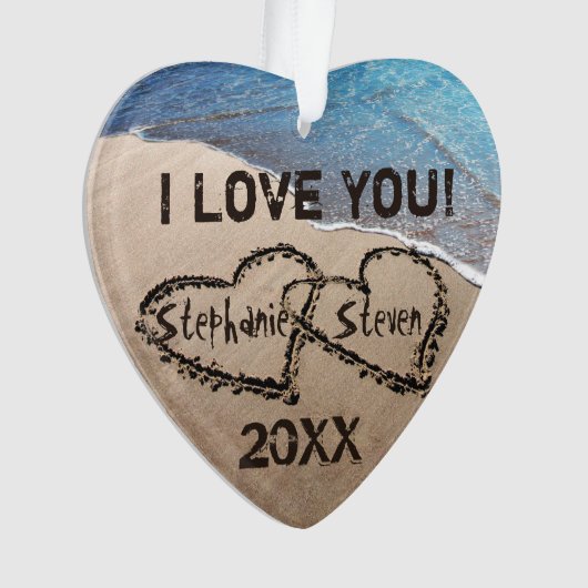 Ik hou van je! Twee harten in zand Ornament (voorkant)